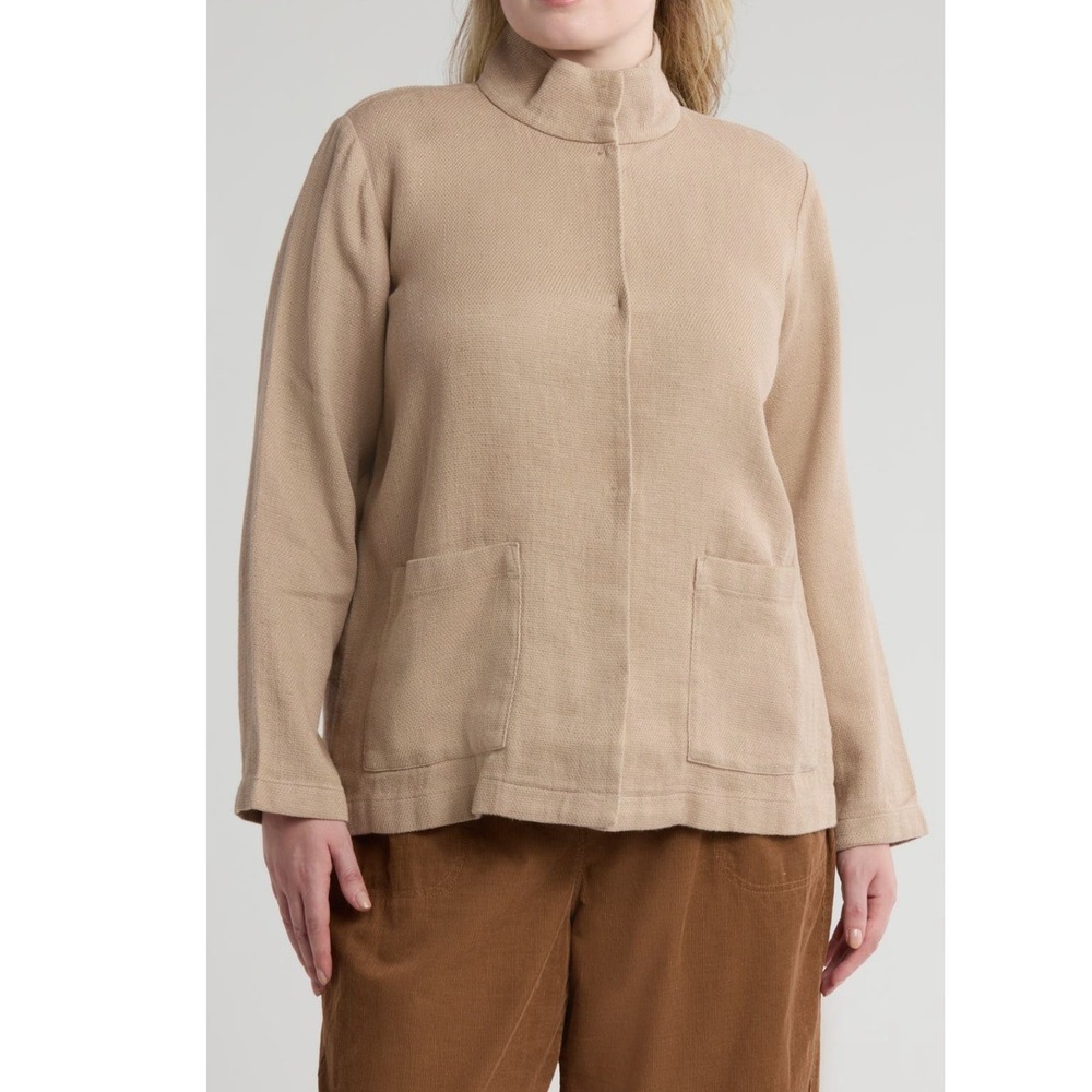 Eileen Fisher Stand Collar Jacket Wheat Textured‎ Organic Linen Cotton Large NWT